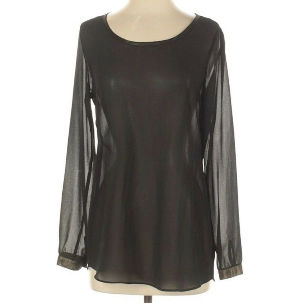 Olive Oak Top Gold Metallic Black Sheer Scoop Neck